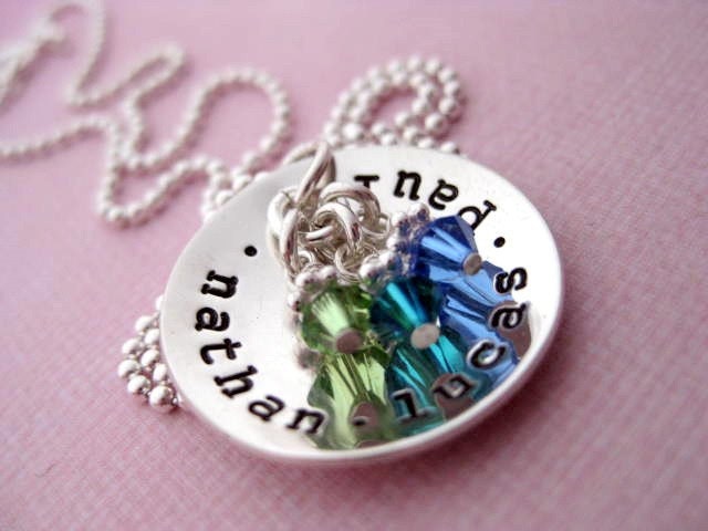 Cup of Love Brag - Hand Stamped Sterling Silver Name Pendant with Swarovski Birthstones