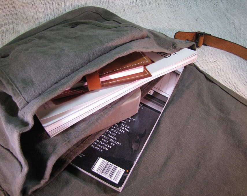canvas messenger bag with leather accents bike bag - olive green
