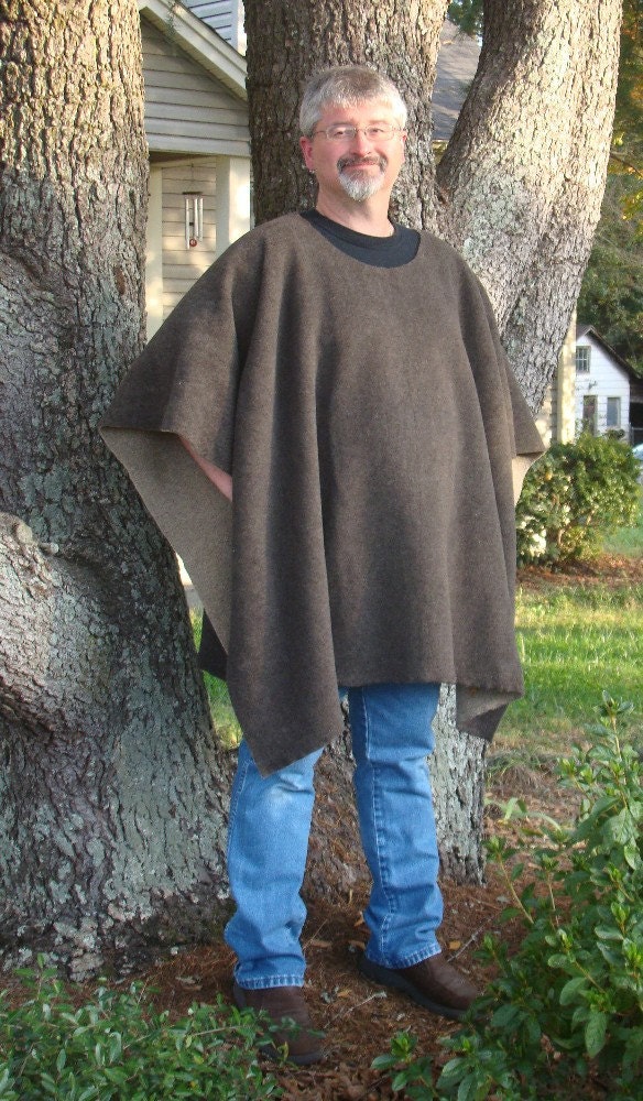 Dark Green with Taupe Sherpa Fleece Poncho in a Make My Day Clint Eastwood Style
