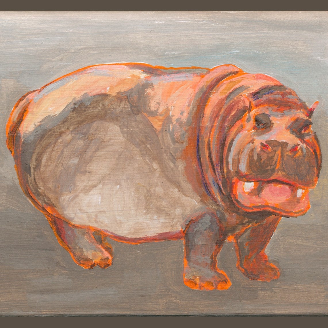 Orange Hippo - Small Original Painting on Wood
