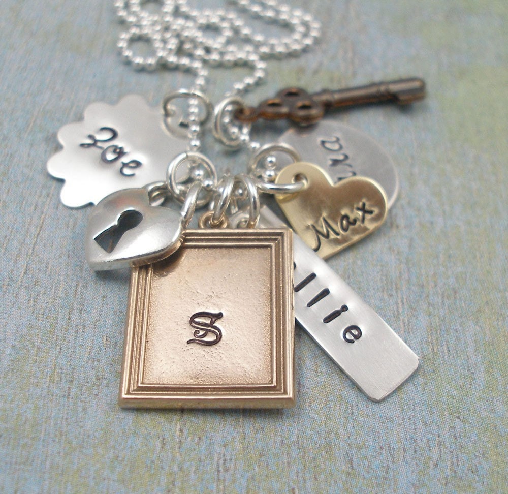 Hand Stamped Necklace - Personalized Mommy Necklace - Treasured Trinkets - Mixed Metal Necklace - Tiny Tokens Designs