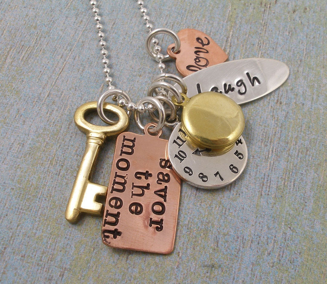 Hand Stamped Charm Necklace - Fall Personalized Jewelry - Hand Stamped Jewelry - TIME