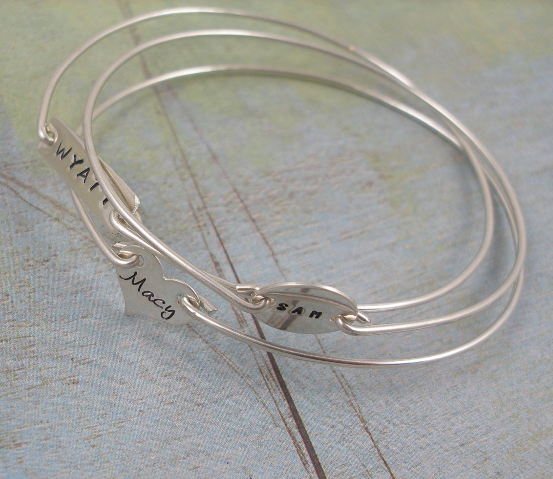 Hand Stamped Bangle Bracelets - Personalized Bracelets - Set of Three Name Tag Bangle Bracelets