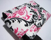 Droid iPhone iPod iTouch Blackberry iPhone4, 5 CASE PADDED with Flap Closure and POCKET - Pink Black Damask