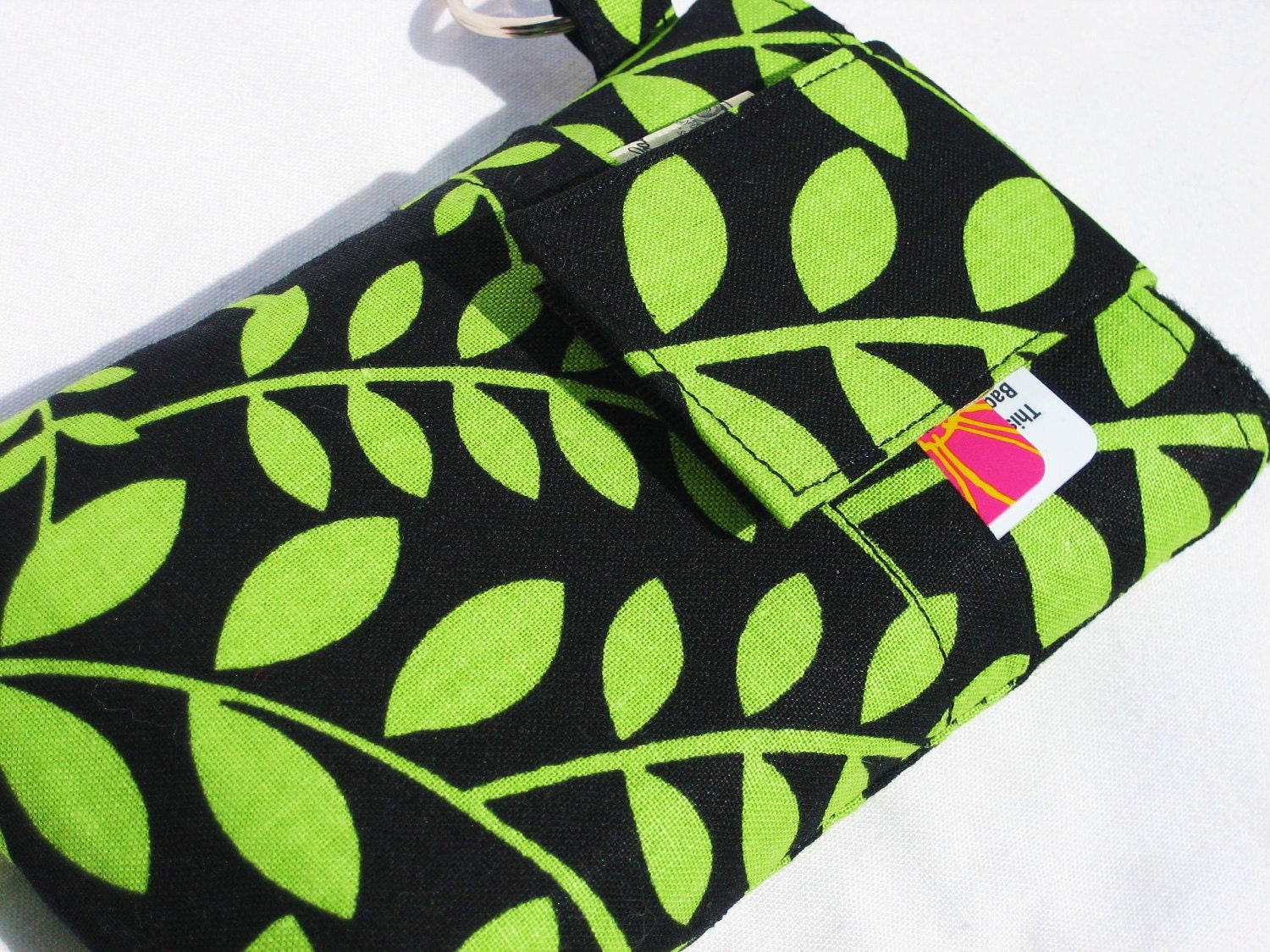 SALE - iphone Droid x Blackberry HTC CASE Padded with cover and pocket - Green Leaf on Black