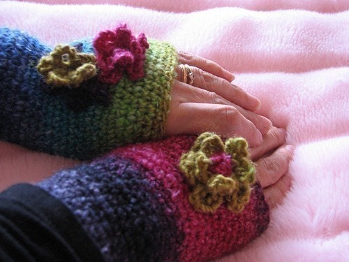 Rainbow Crocheted Fingerless Gloves with Flowers Pattern