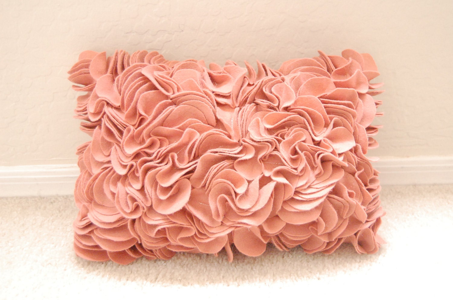 Lumbar Felt Ruffled Pillow in Coral 15x10
