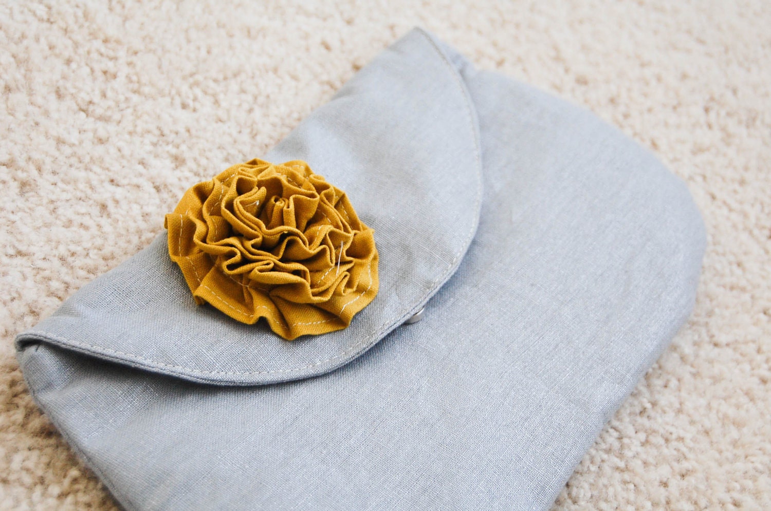 Ruffle Rosette clutch in gray linen with mustard yellow rosette  12x6.5