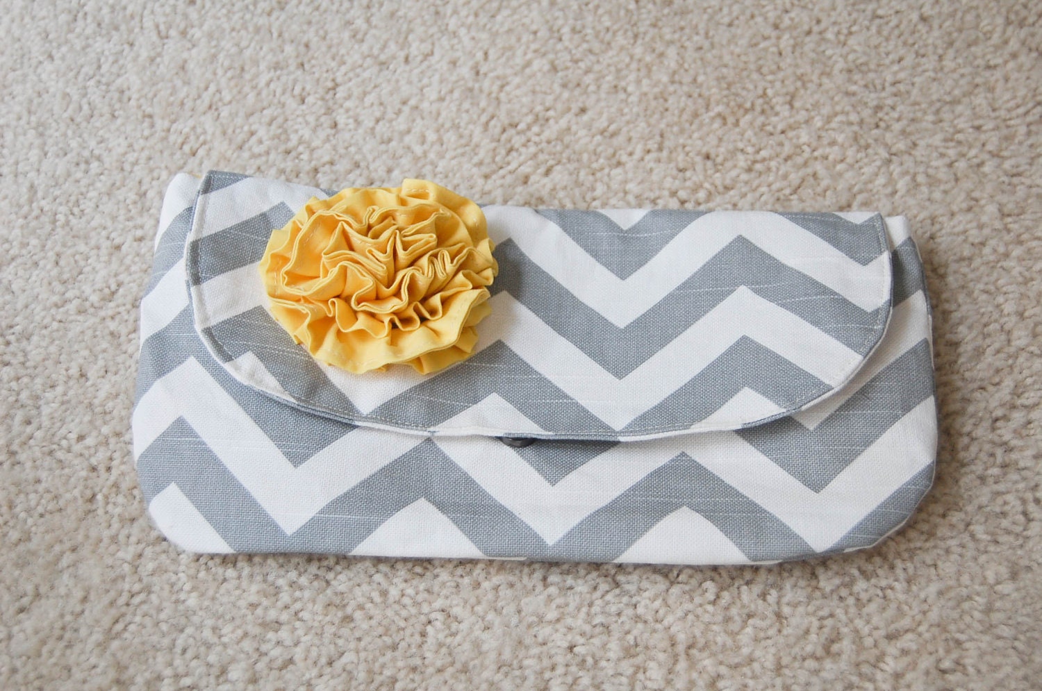 Gray and White Chevron Clutch with yellow cotton rosette 12 x 6.5
