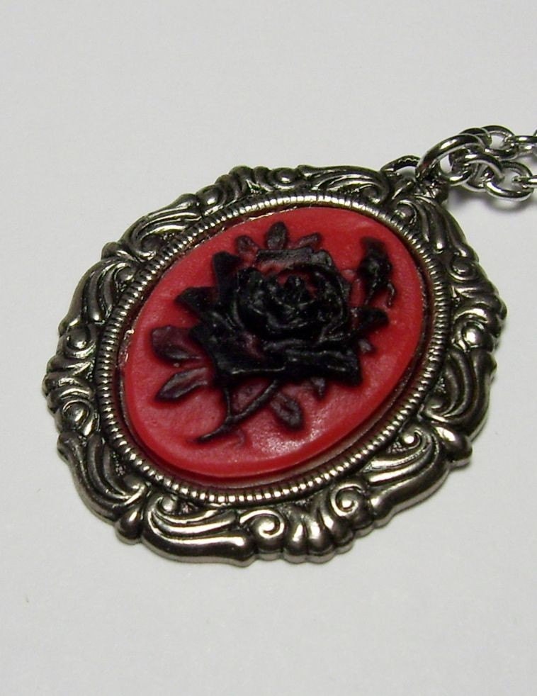 Antique Silver Black on Red Rose Flower Cameo Neo Victorian Gothic Steampunk Pendant Necklace
