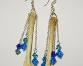 Gorgeous  Antique Silver Gothic Lolita Real COYOTE FOOT BONE Aqua Teal Cobalt Blue Swarovski Crystal  Long Earrings