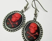 Antique Silver Black Red Skull and Cross Bones Cameo Gothic Lolita Earrings