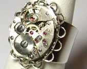 Bold Antique Silver 21 Jewel Watch Movement Ruffled Edge  Adjustable  NeoVictorian Gothic Steampunk Ring (A19)