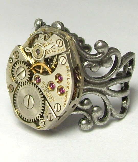 Bold Antique Silver 17 Jewel Watch Movement Filigree Adjustable Unisex NeoVictorian Steampunk Ring (A153)