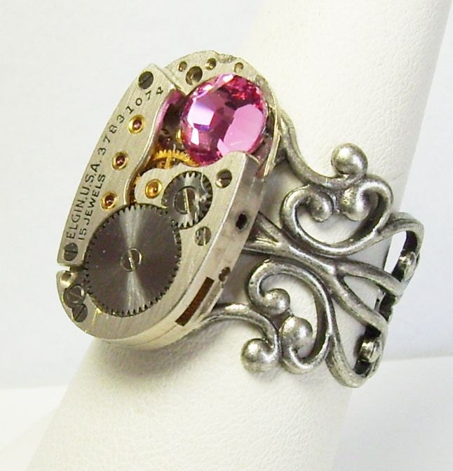 Antique Silver 15 Jewel Elgin Watch Movement Circa 1937 Rose Pink Swarovski Crystal Adjustable NeoVictorian Gothic Steampunk Ring (A302)