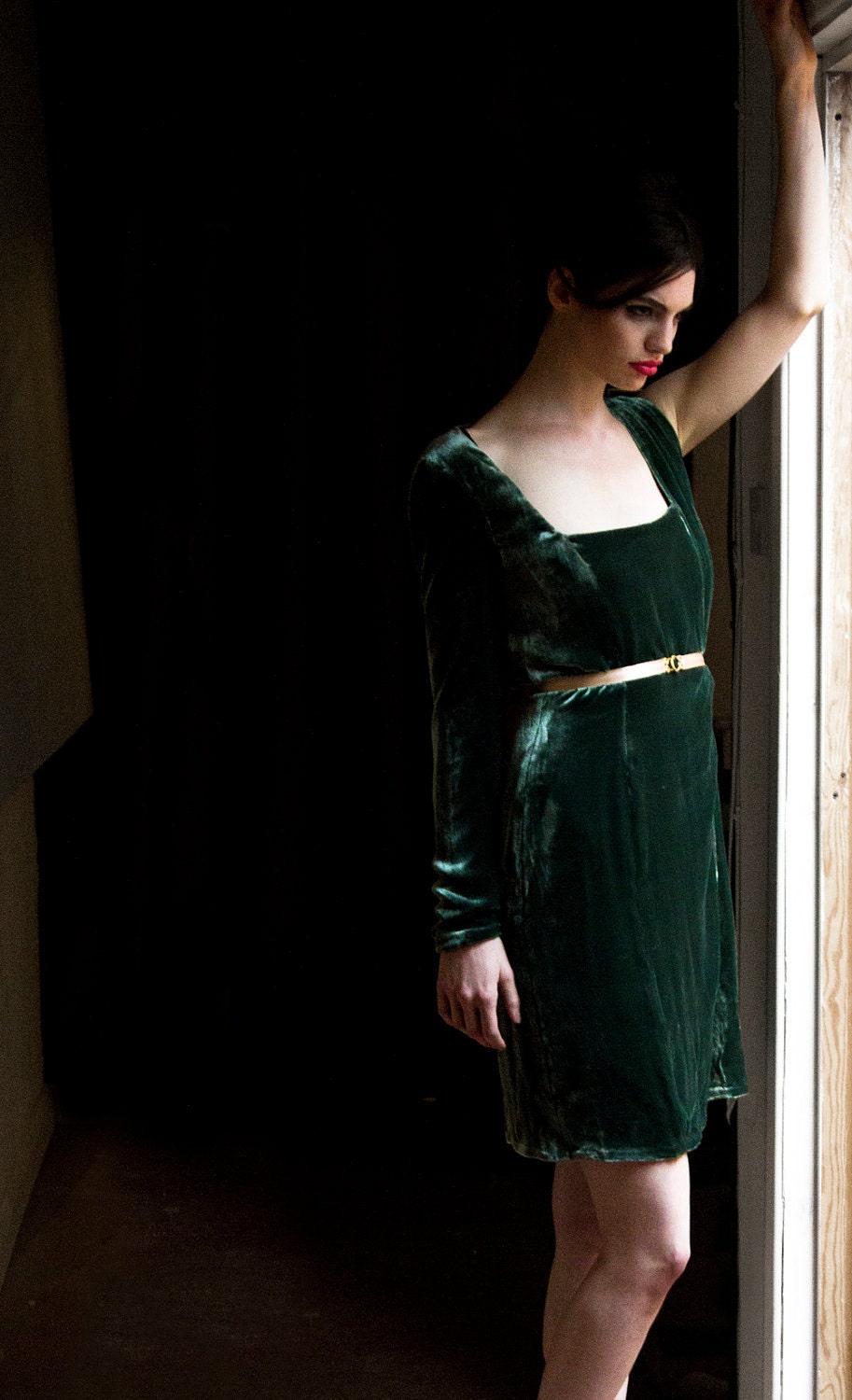 SAMPLE SALE Tilda Green Velvet Assymetrical Long Sleeve Dress