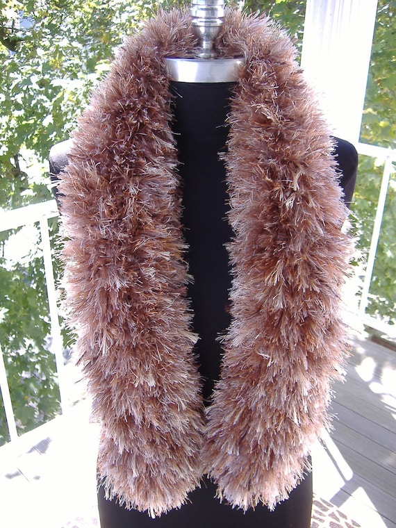 Dramatic Multi Furry Yarn Scarf Taupe Copper SALE by Krystala