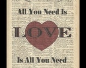 All You Need Is Love Print - The Beatles Spiral Song Lyric  - Altered  Book Page - Typography - Music