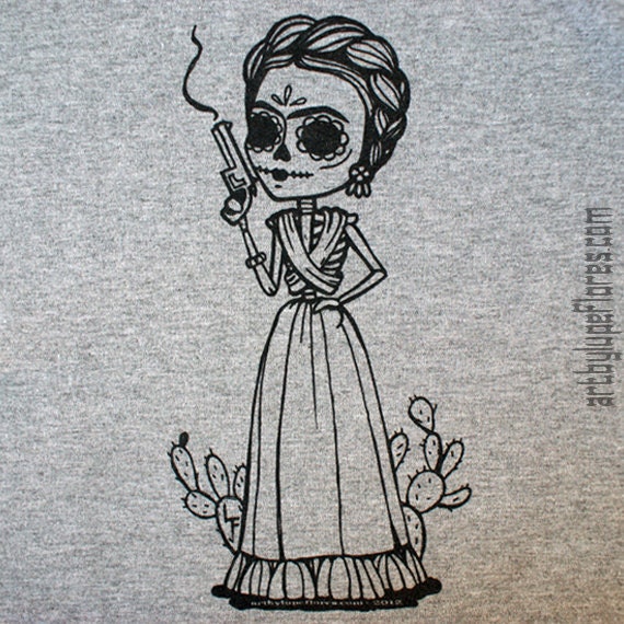 Medium T Shirt Don't Mess with Frida Kahlo GIRL POWER Day of the Dead Grey silkscreen unisex