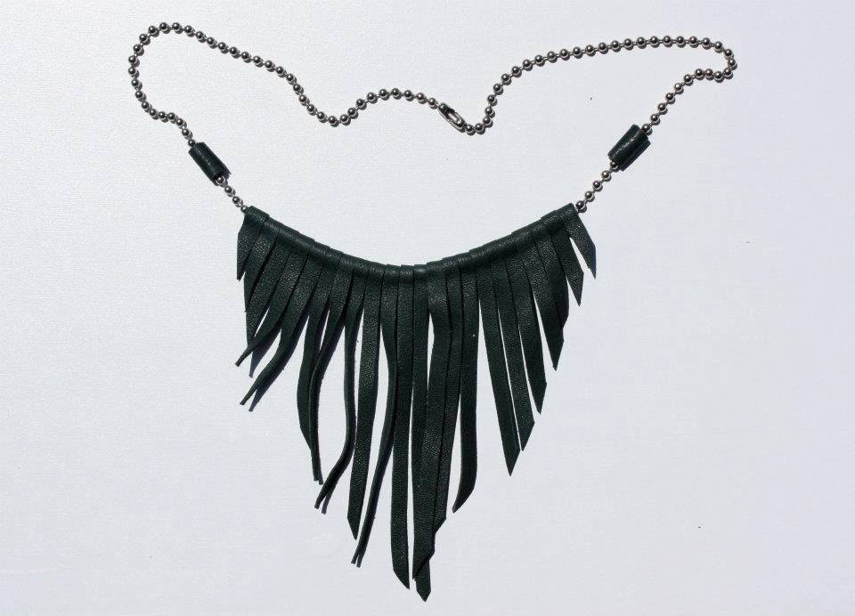 Biker Black Leather Fray Necklace on Adjustable Ball Chain