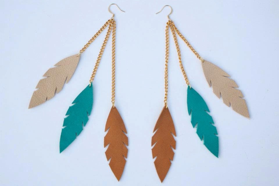 Teal, Sand, and Tan - Triple Feather Leather Earrings on Gold Chains and Gold Plated Hooks