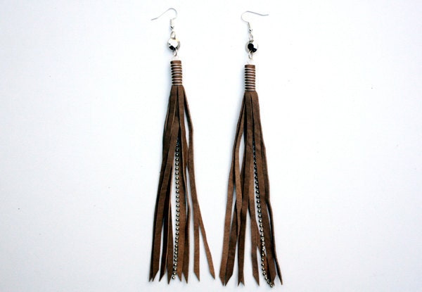 Earthy Light Brown Leather Tassel Fringe Earrings w/ Silver Wire Wrap, Charm, Ball Chain Accent & Silver Plated Ear Wires
