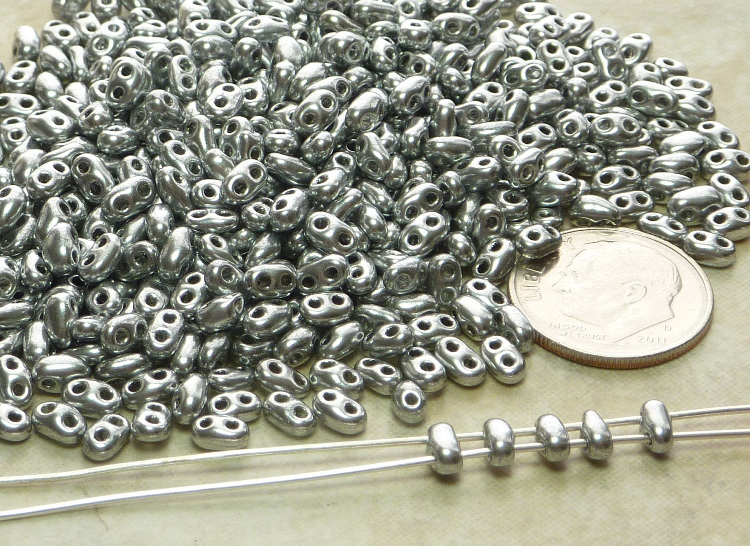 5x2mm SILKY Silver Two Hole Czech Glass TWIN Seed Beads 10 Grams (D310)