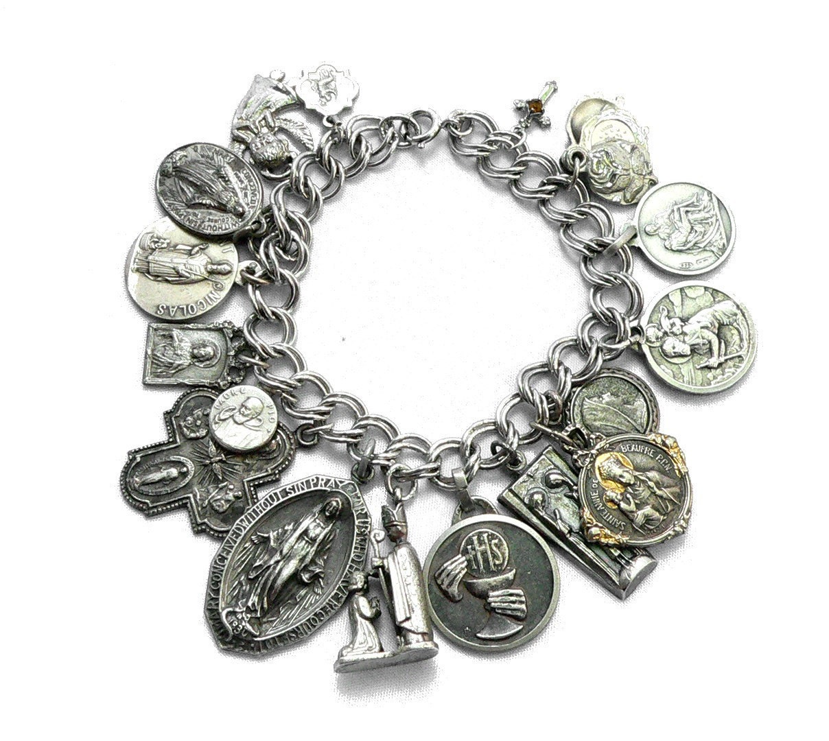 ... Medals Charm Bracelet Sterling Silver Antique Catholic Saints