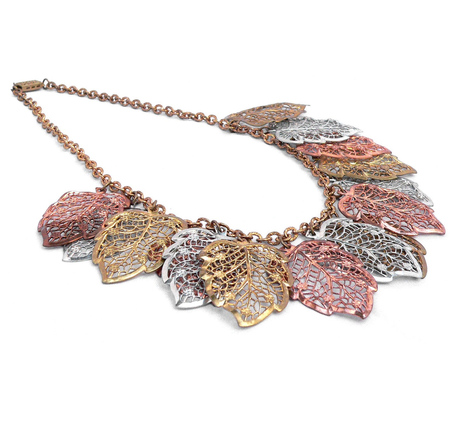 Art Deco Leaf Necklace Signed Czechoslovakia Filigree Metal Brass Copper Rhodium 1920s 1930s
