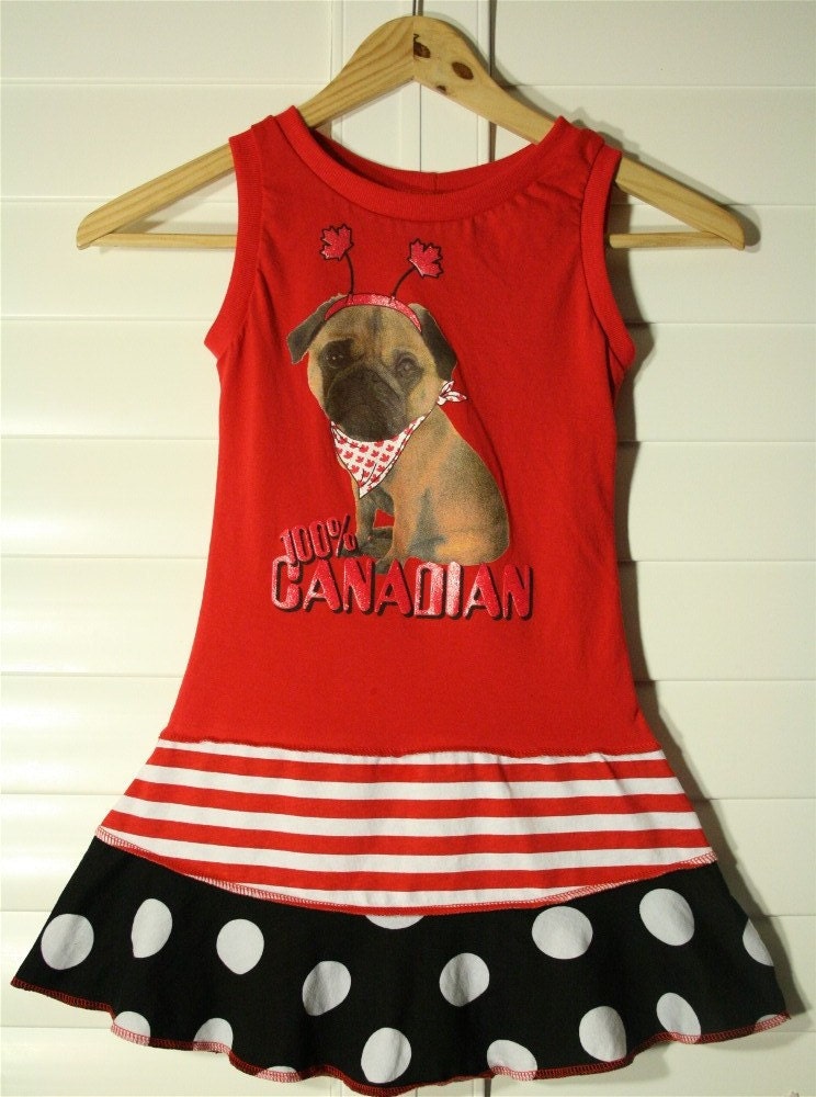 100% CANADIAN ...red and white...super cool funky recycled upcycled repurposed pieced  dress or tunic size 4T/5T