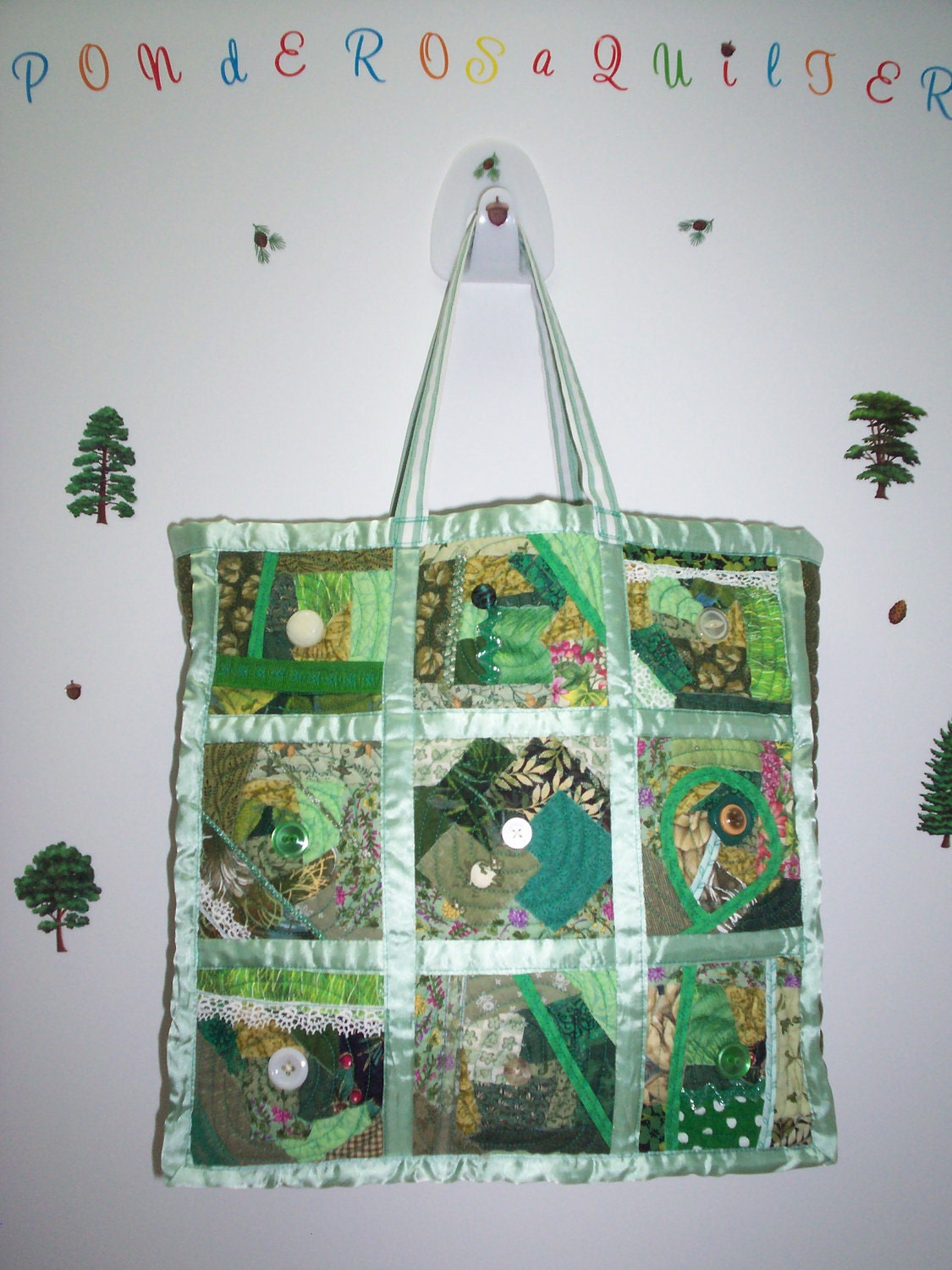 Green Quilted Crazy Tote/Market Bag