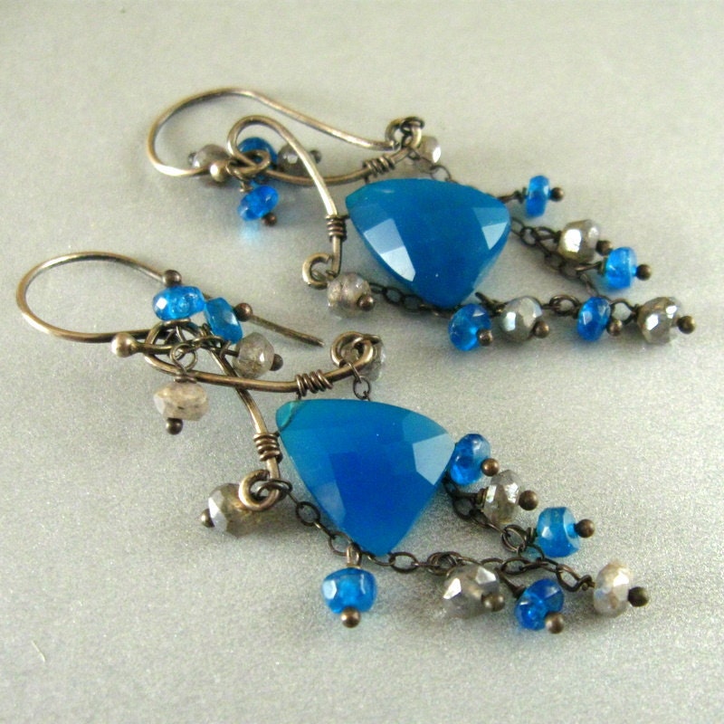 Teal Chalcedony and Neon Blue Apatite Wire Wrapped Earrings