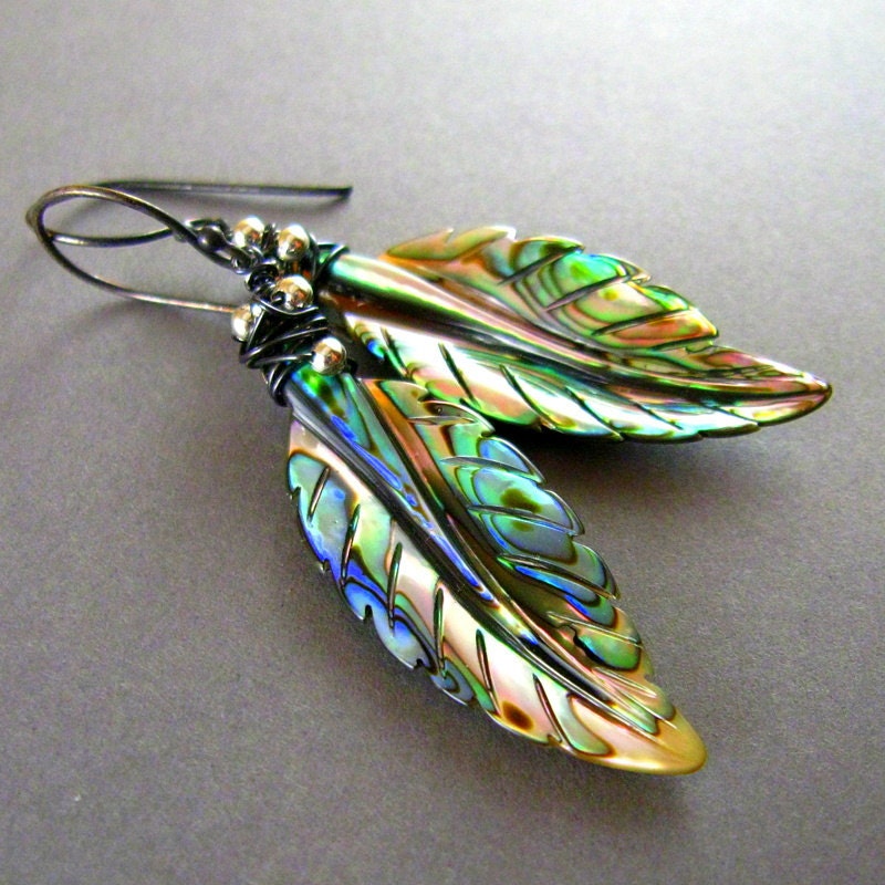 Abalone Leaf and Sterling Silver Wire Wrapped Earrings