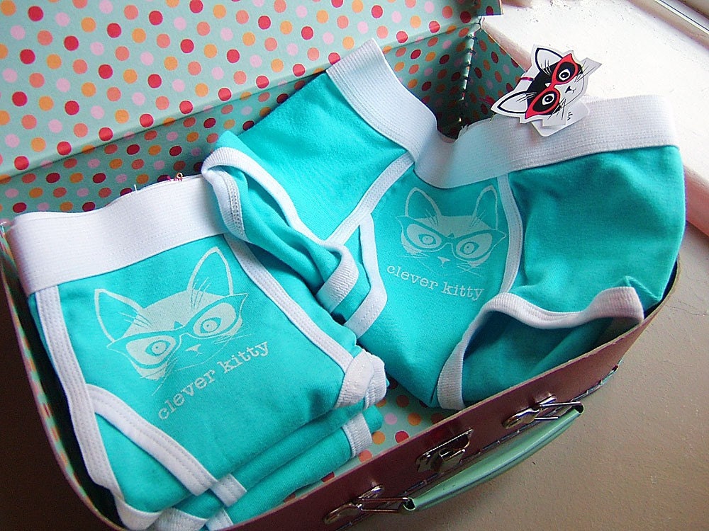 Aqua and White Clever Kitty Unisex Baby Rib Briefs