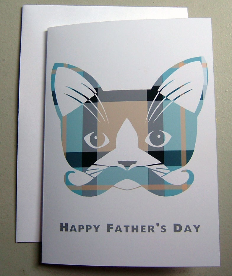 Father's Day Card. Mustache Kitty Cat. Plaid. Whiskers.