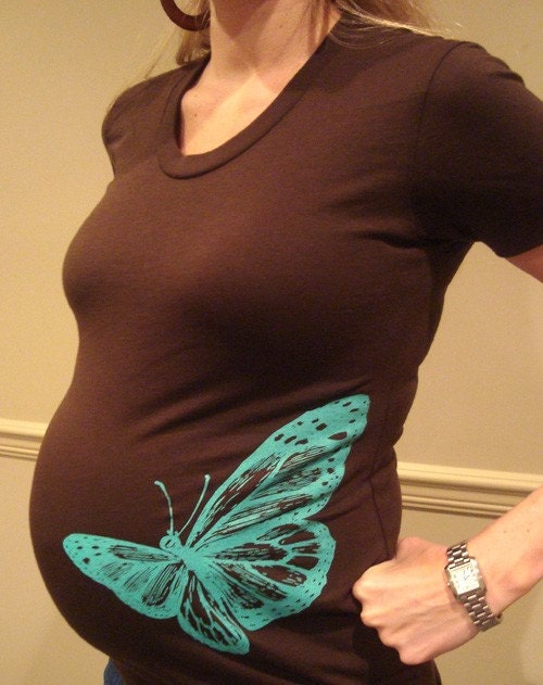 christmasinjuly / cij sale . maternity shirt . chocolate brown with teal butterfly . size large (LAST ONE)