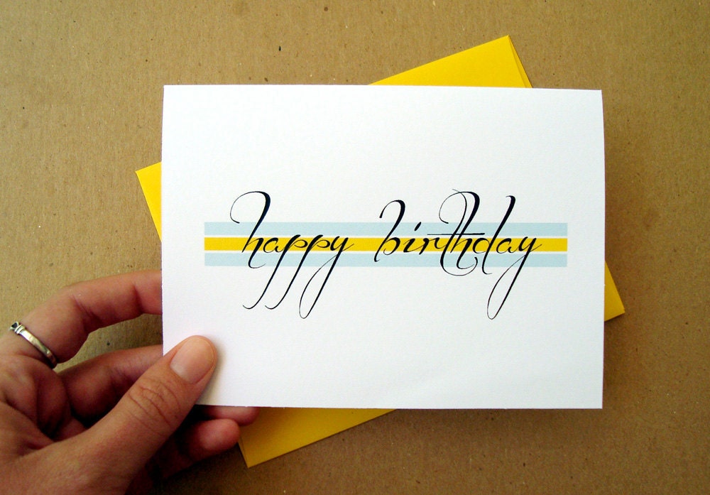 happy birthday card elegant script yellow and mint color block birthday card letterhappy etsy lemon zest grayed jade
