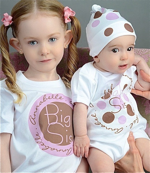 BIG LITTLE SISTER Shirts Set Personalized Shirt Onesie Hat, Short Sleeve, Circle Dots, Free Gift Wrap