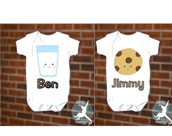 FUNNY TWIN SET Milk and Cookie Baby Onesie Boy Girl, Free Gift Wrap