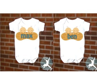 FUNNY TWIN SET 2 Peanuts in a Shell Baby Onesie Boy Girl Identical Boys, Short Sleeve, Free Gift Wrap
