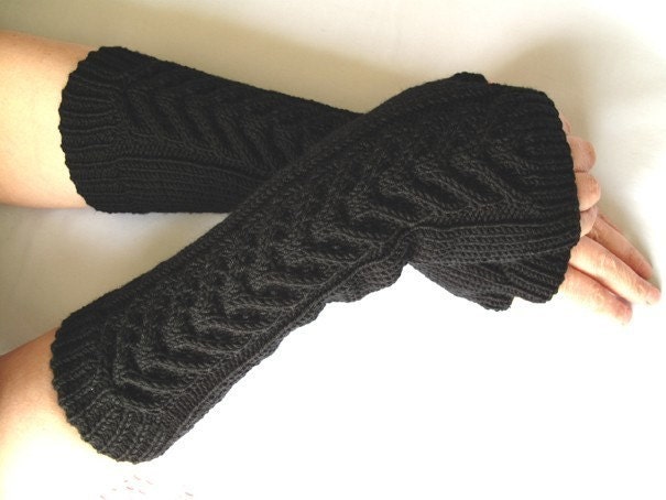 Black fingerless gloves / wrist warmers - 100 per cent merino wool