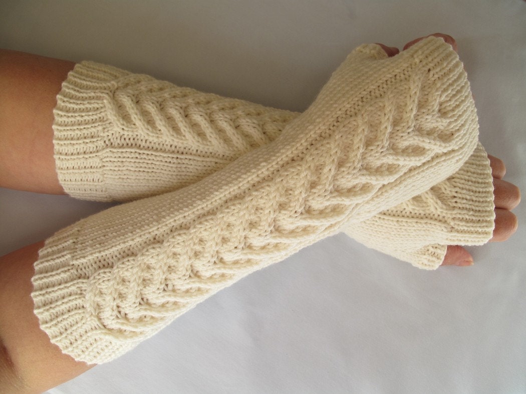 Hand Knit Fingerless Gloves / Wrist warmers - 100 per cent Merino Wool - A perfect gift - soft cream
