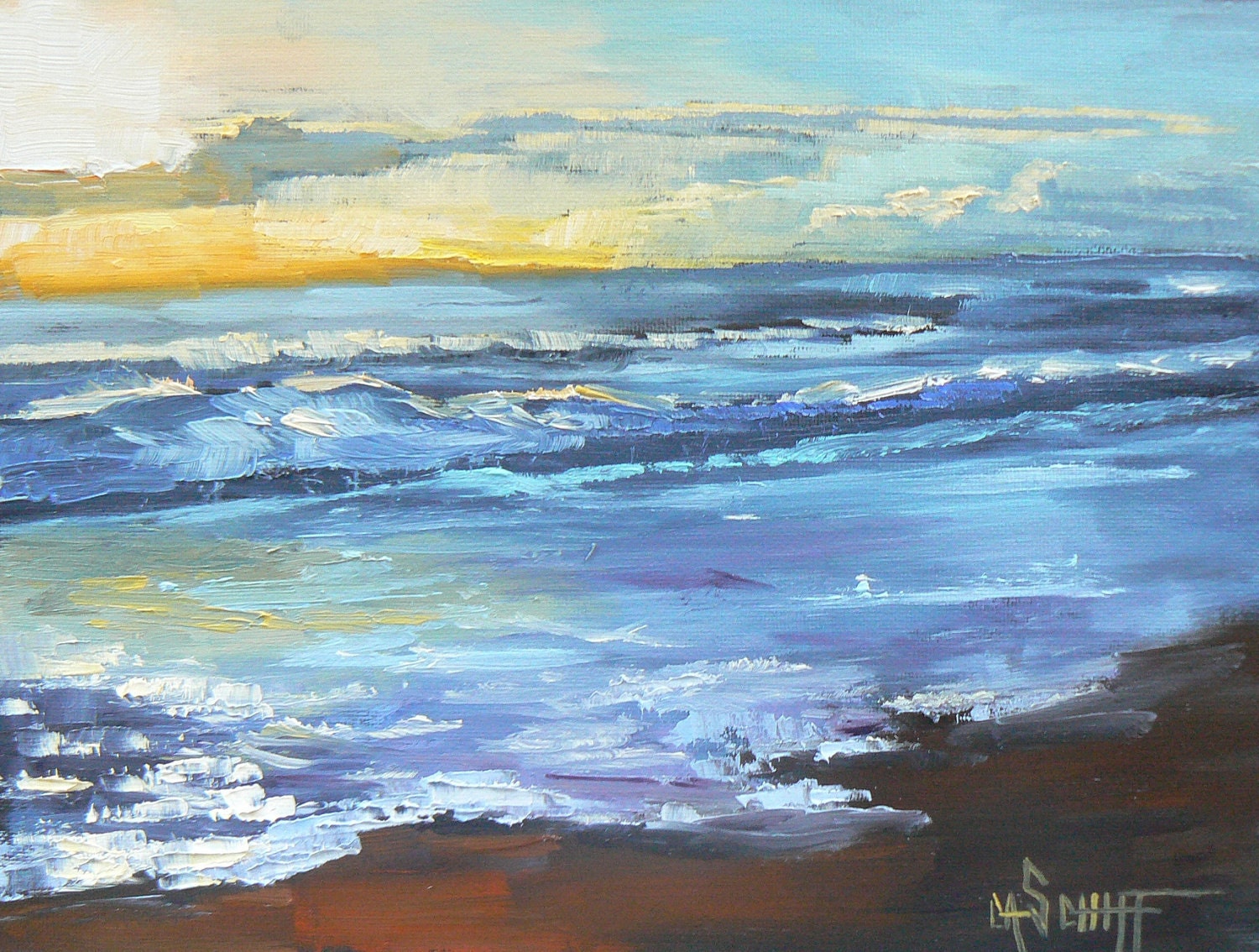 Seascape,Sunrise Painting, 6x8"Painting, OOAK  Painting,"Sunlight Reflecting on the Surf".Reserved for LilCrazyBee