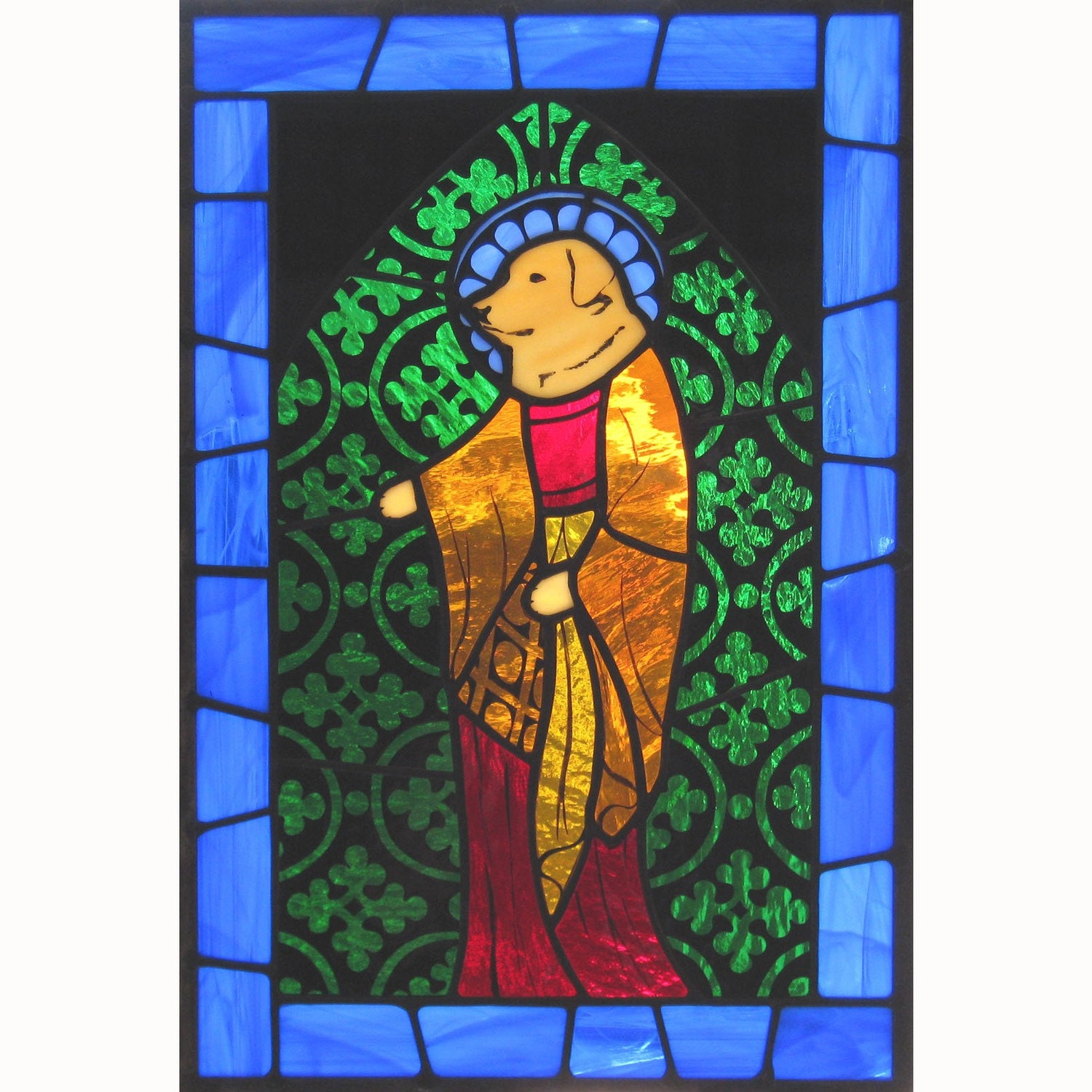 Stained Glass Dog Saint - Hand Painted Stained Glass Panel
