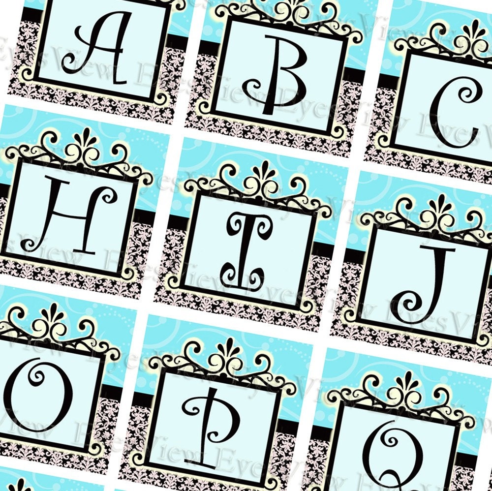 collage sheet I've been Framed Swirly monogram 1 inch square , Black and White Damask, Blue , alphabet