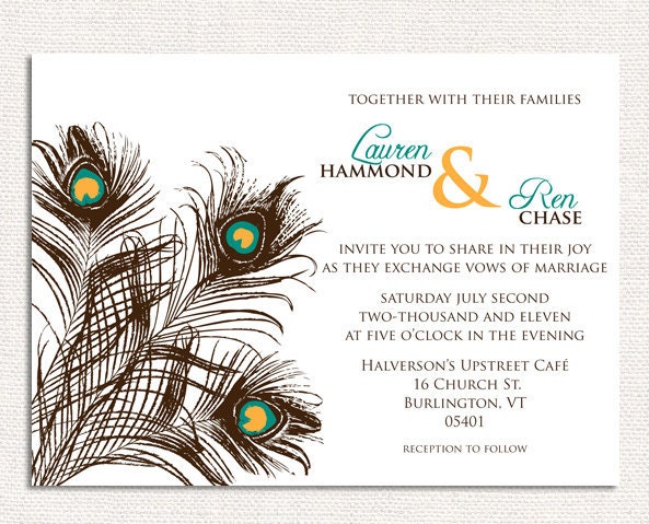 Peacock Feather Wedding Invitations, Wedding Invites, Reception Invitations - Deposit to get started Il_570xn