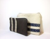 Small Cotton  Zipper Pouch Set with Brown and Off White with Decorative Ribbon