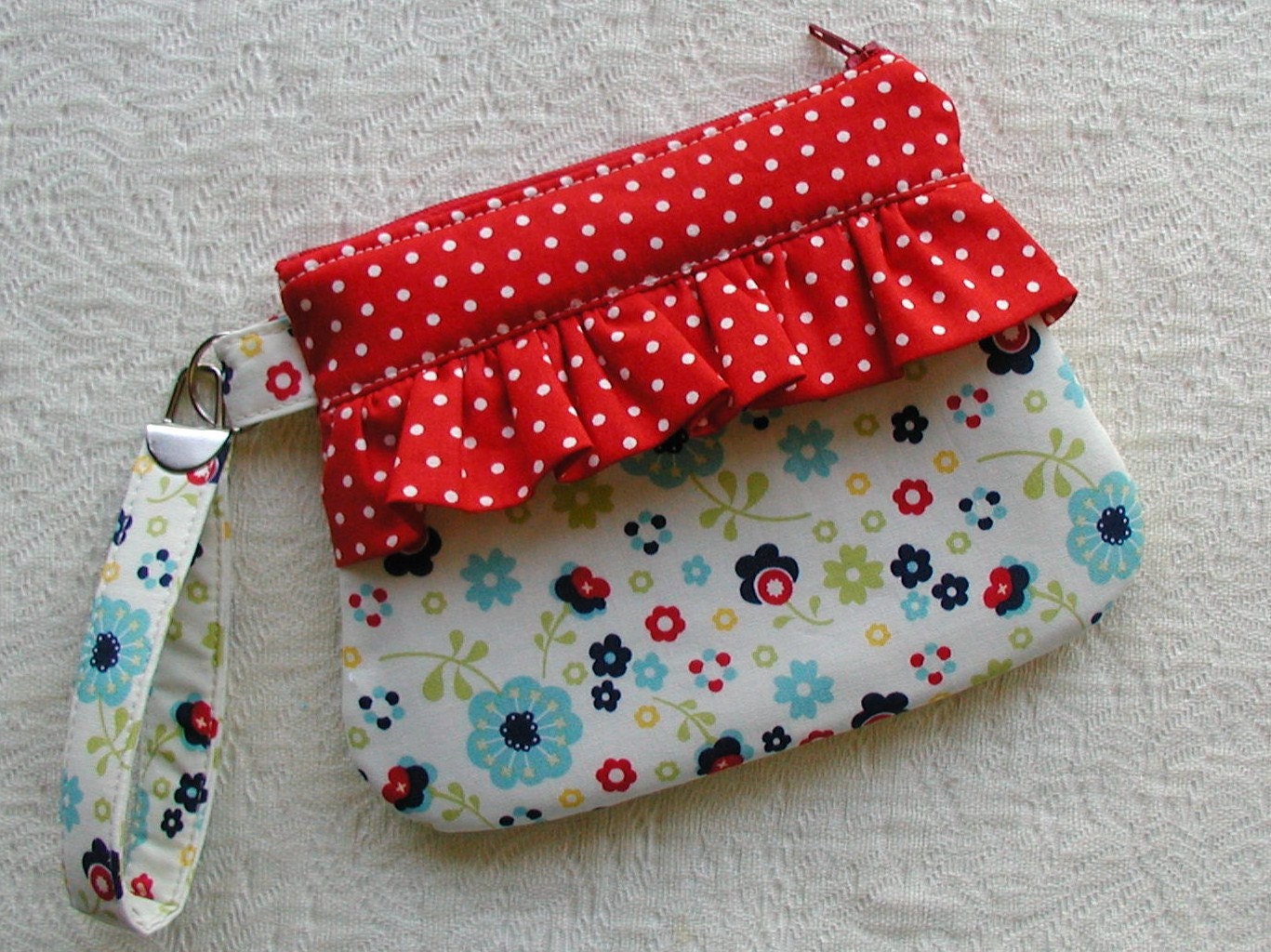Ruffle Wristlet  Zippered Wristlet Curvy Wristlet... Dress Up Days Flowers in Blue