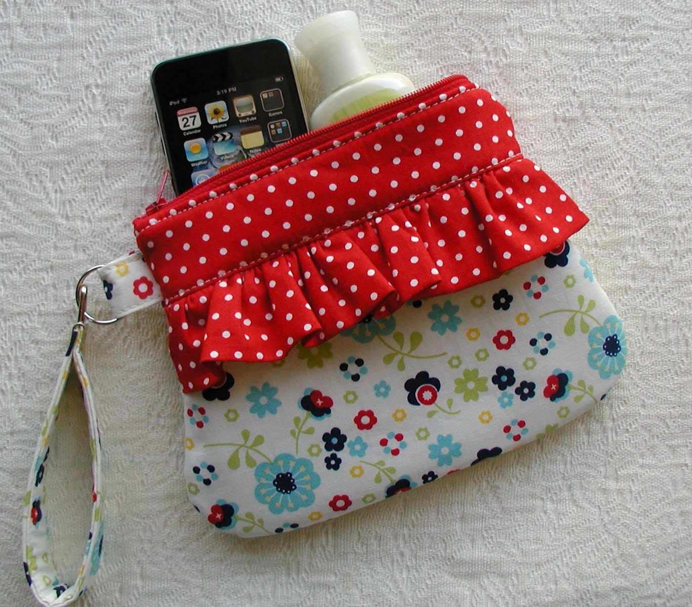 Ruffle Wristlet  Zippered Wristlet Curvy Wristlet... Dress Up Days Flowers in Blue
