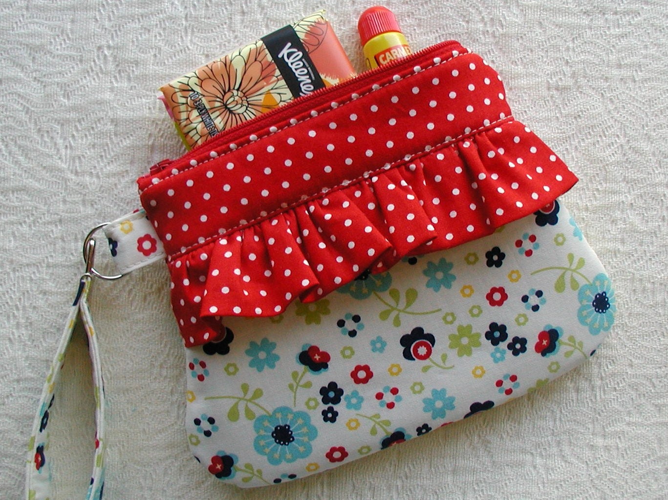 Ruffle Wristlet  Zippered Wristlet Curvy Wristlet... Dress Up Days Flowers in Blue